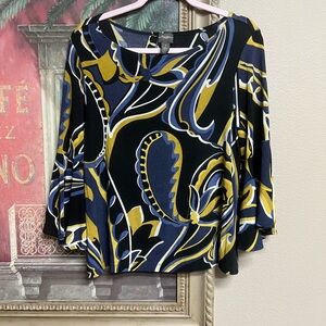 Chico's Travelers Artistic Black, Blue, and Yellow 3/4 Bell Sleeve Top